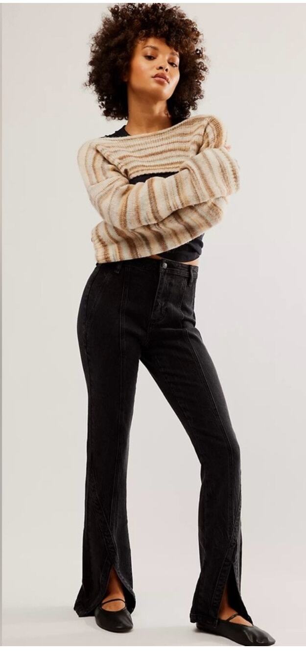 We The Free Jeans Size 25 Free People Crvy Mona High Rise Flare NWT Black Slit